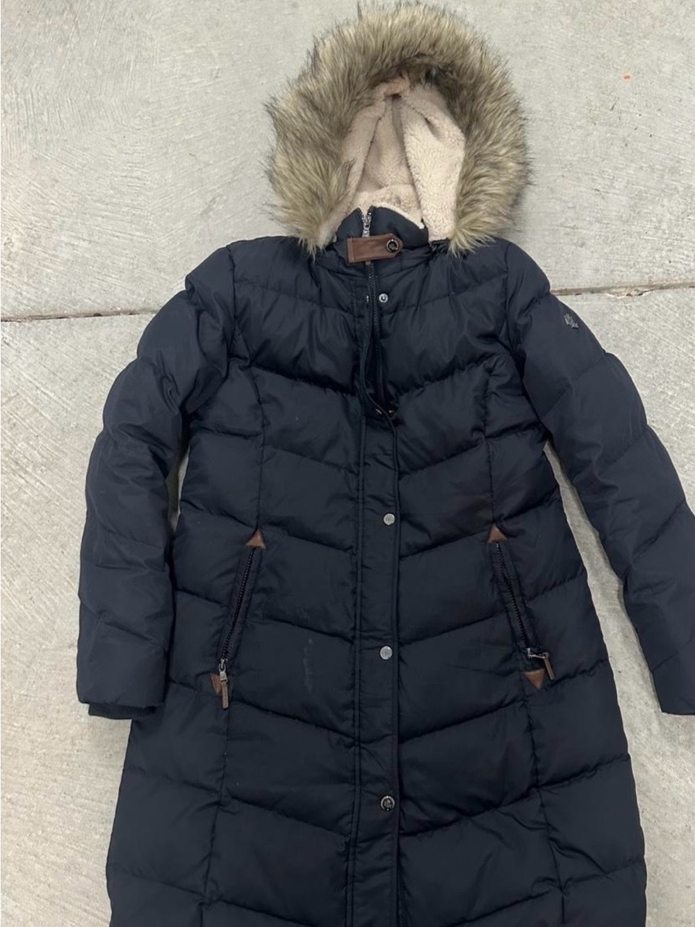Ralph Lauren Black Long Puffer Coat with Faux Fur Hood